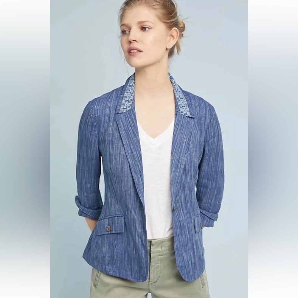 Anthropologie Women Winona Embroidered Blazer Jacket 45%Linen 55%Cotton Blue US8